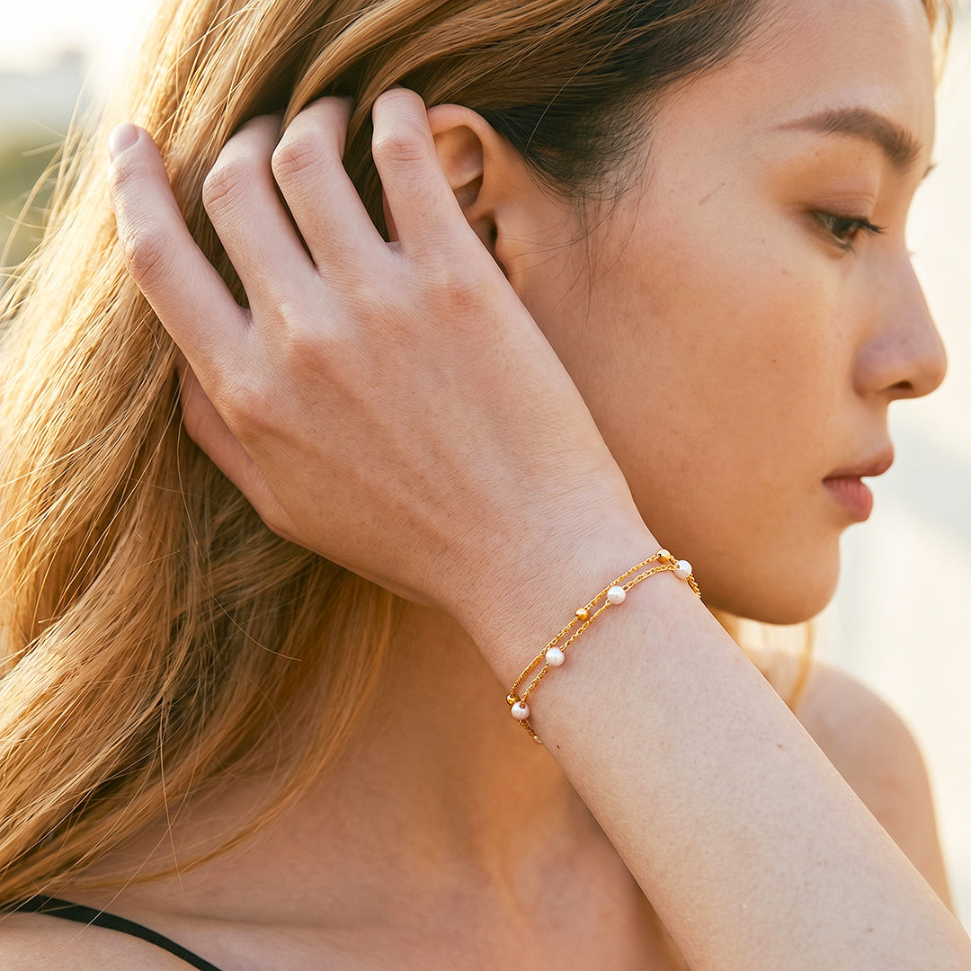 Double-Layer Pearl &amp; Gold Bead Chain Bracelet | Luxe6679