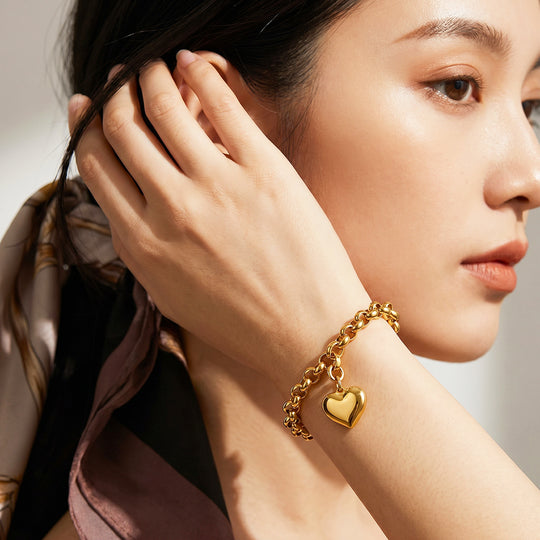 Puffy Gold Heart Charm Rolo Chain Bracelet | Luxe6681