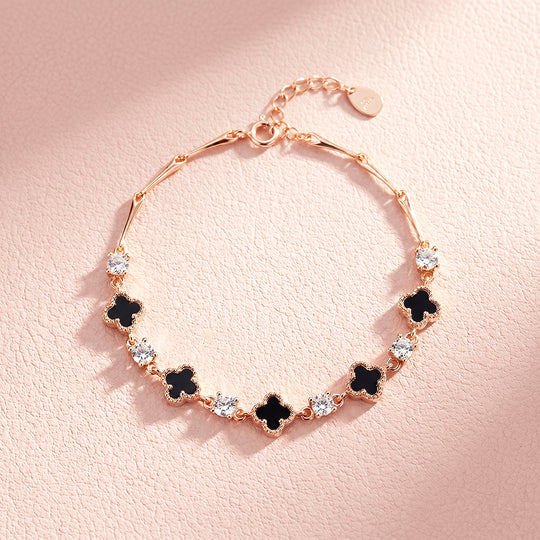 Black Clover &amp; Diamond Simulant Rose Gold Colour Bracelet | Luxe6690