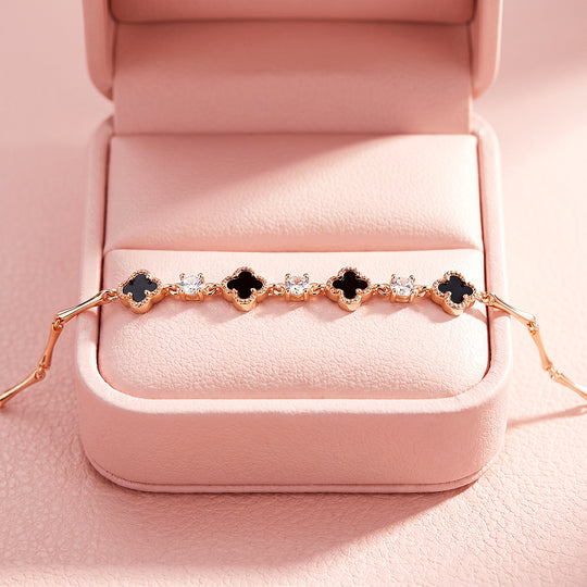 Black Clover &amp; Diamond Simulant Rose Gold Colour Bracelet | Luxe6690