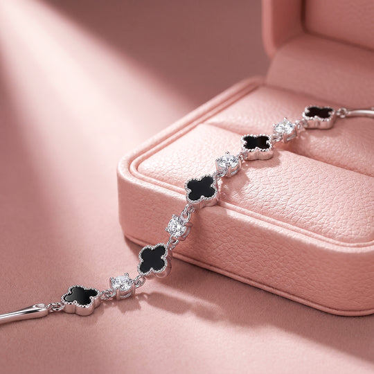 Black Clover &amp; Diamond Simulant White Gold Colour Bracelet | Luxe6691