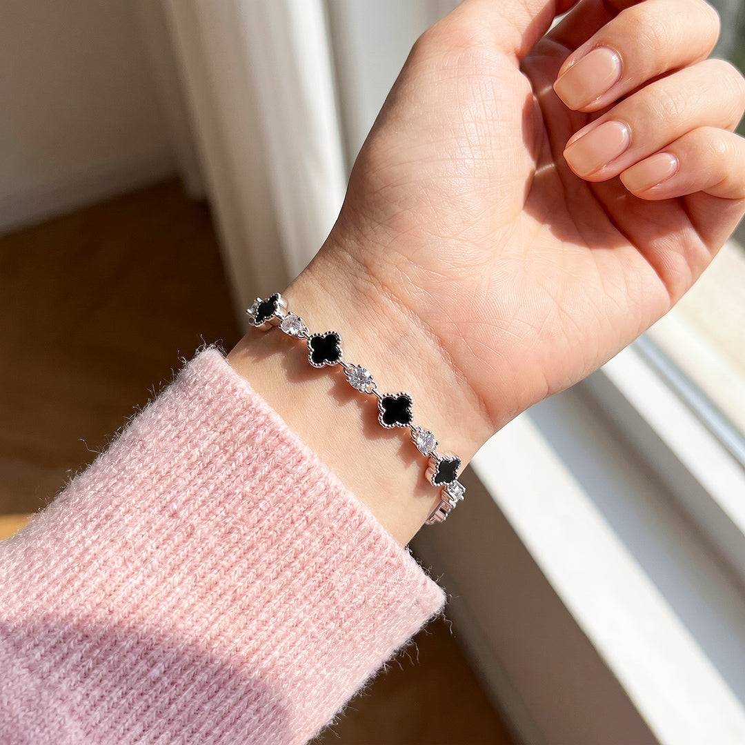 Black Clover &amp; Diamond Simulant White Gold Colour Bracelet | Luxe6691