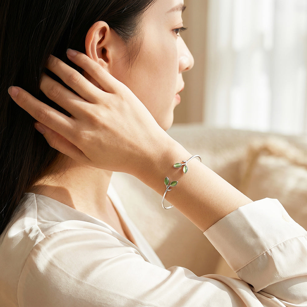 Olive Leaf Cuff Bangle | Green Cat's Eye Stone | Luxe6692