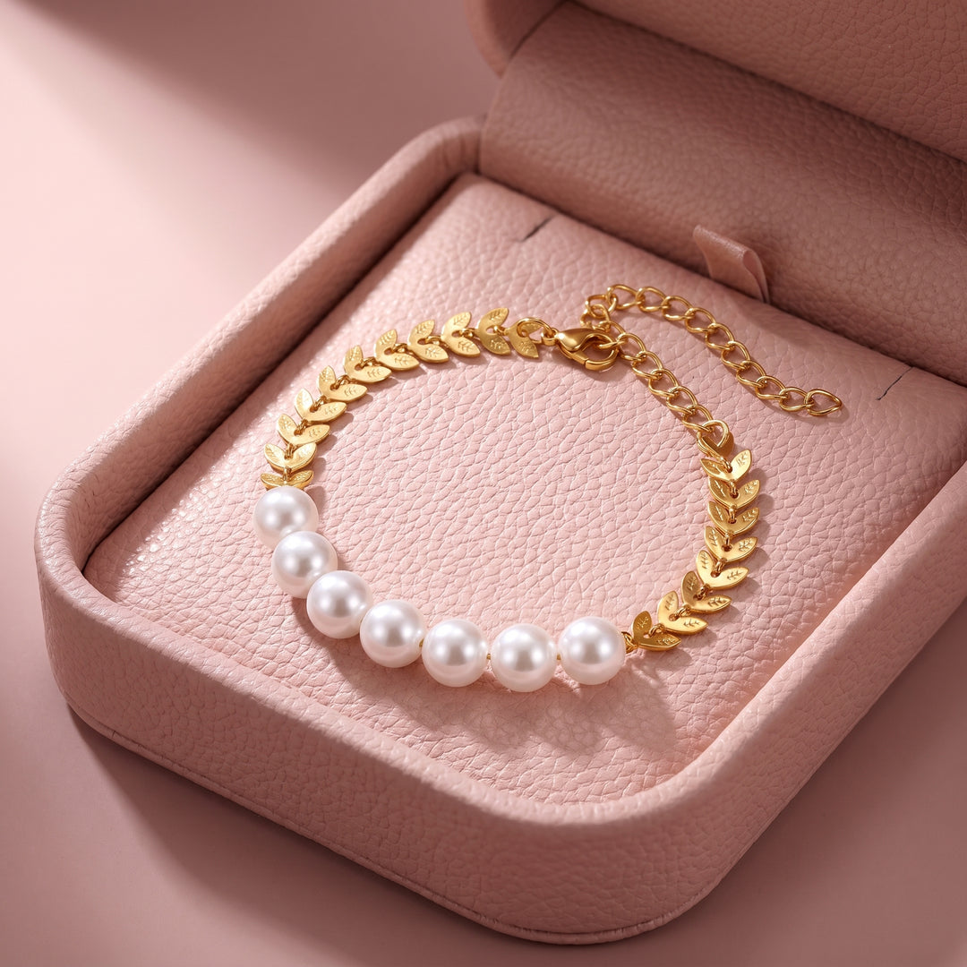 Pearl &amp; Leaf Chain Bracelet | Luxe6696