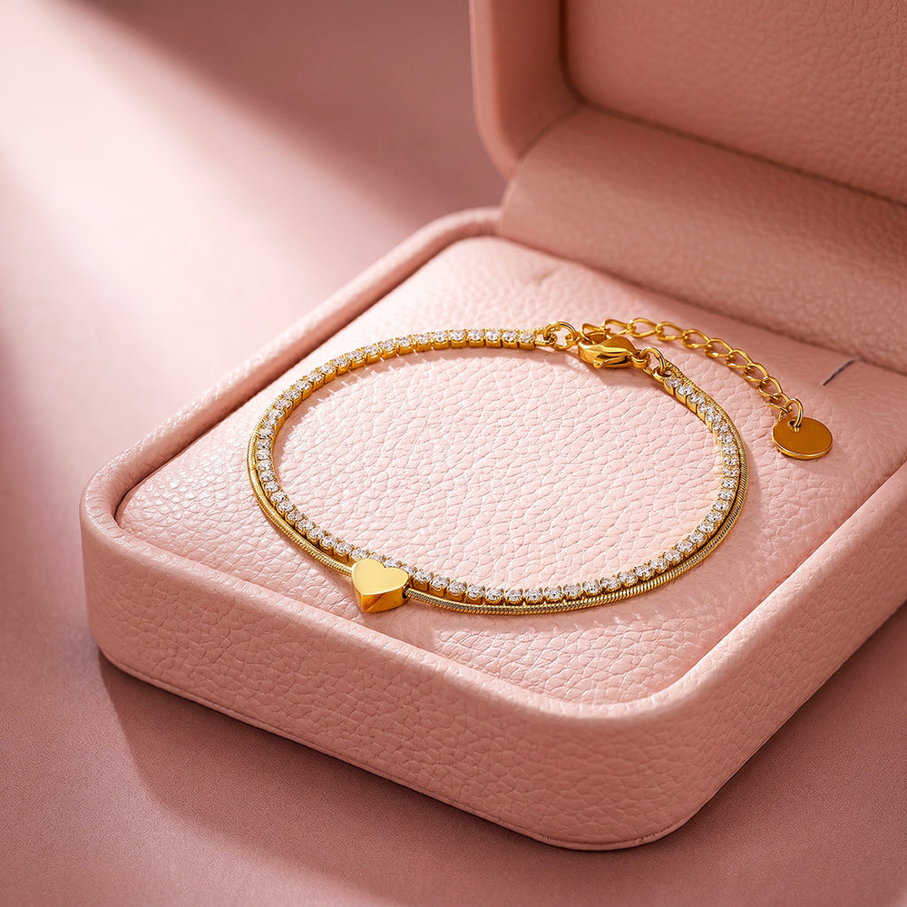 Double Layer Heart Tennis & Chain Bracelet | Luxe6713