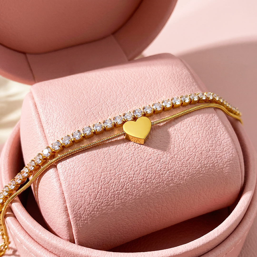 Double Layer Heart Tennis &amp; Chain Bracelet | Luxe6713
