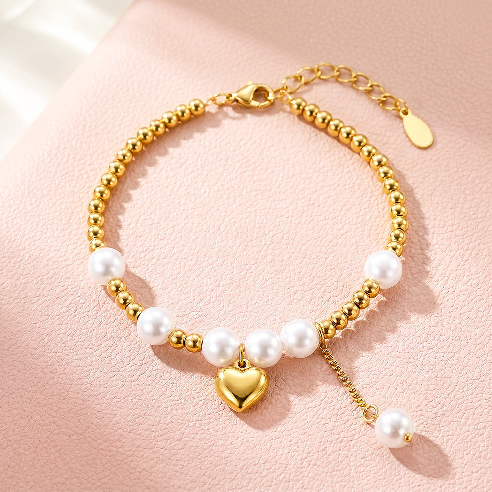 Pearls & Gold Beads Heart Charm Bracelet | Luxe6718