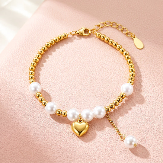 Pearls &amp; Gold Beads Heart Charm Bracelet | Luxe6718