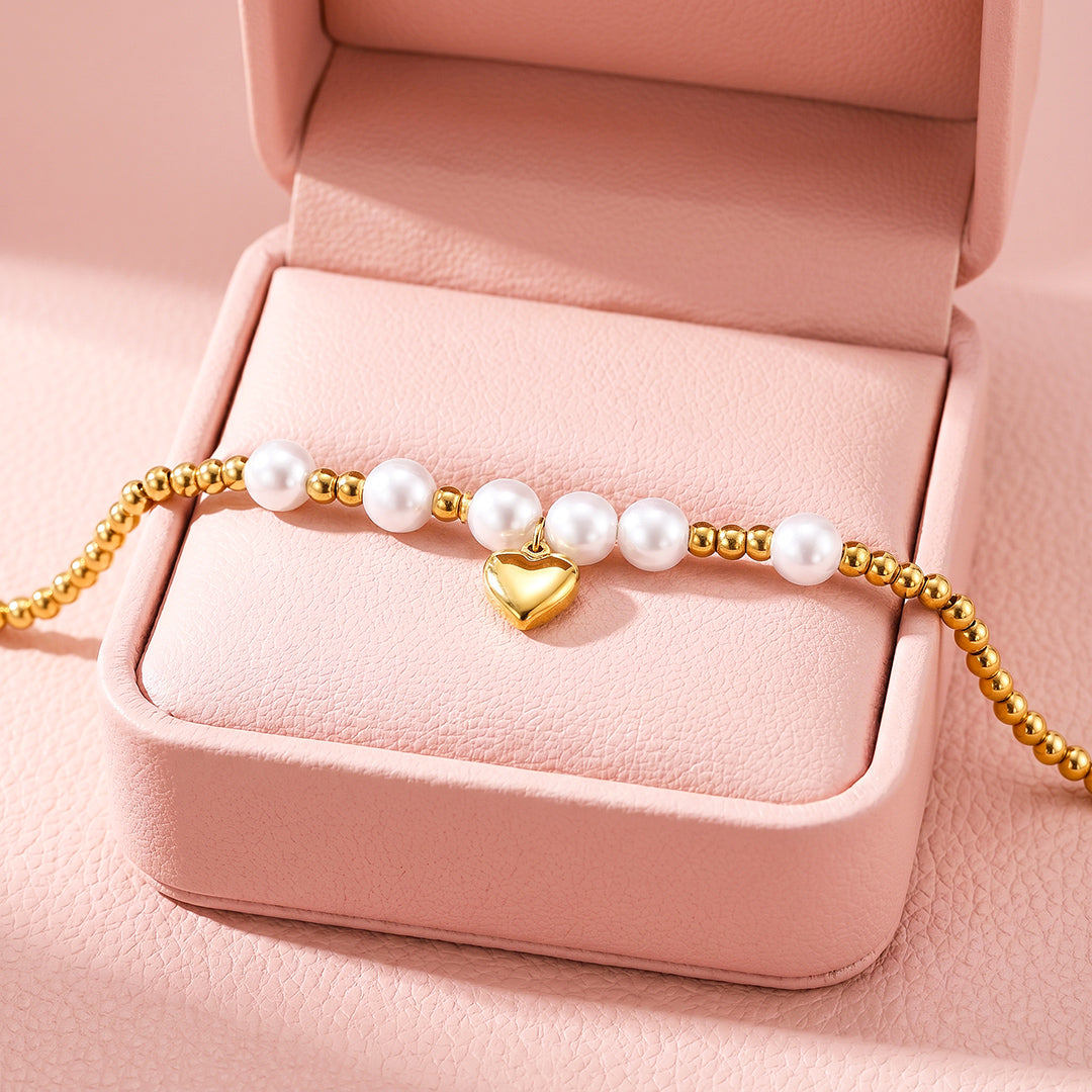 Pearls &amp; Gold Beads Heart Charm Bracelet | Luxe6718