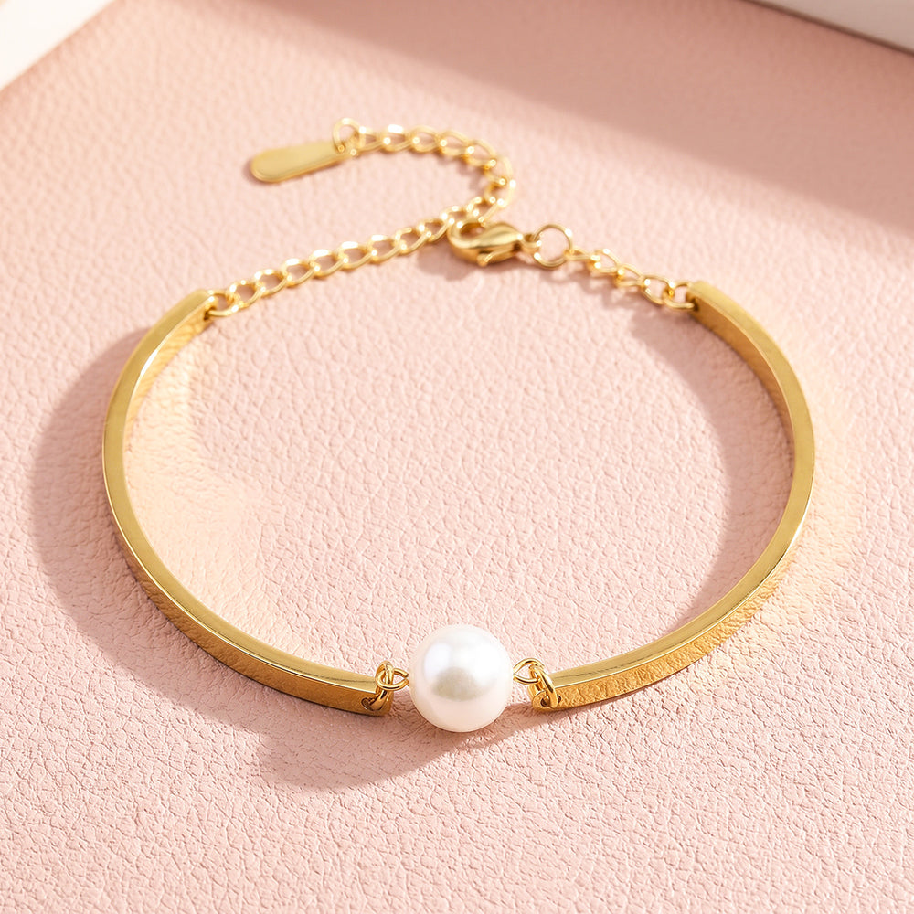 Single Pearl Flat Bar Bangle Bracelet | Luxe6720