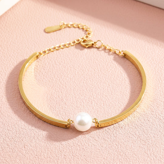 Single Pearl Flat Bar Bangle Bracelet | Luxe6720