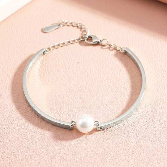 Single Pearl Flat Bar Bangle Bracelet | Luxe6720