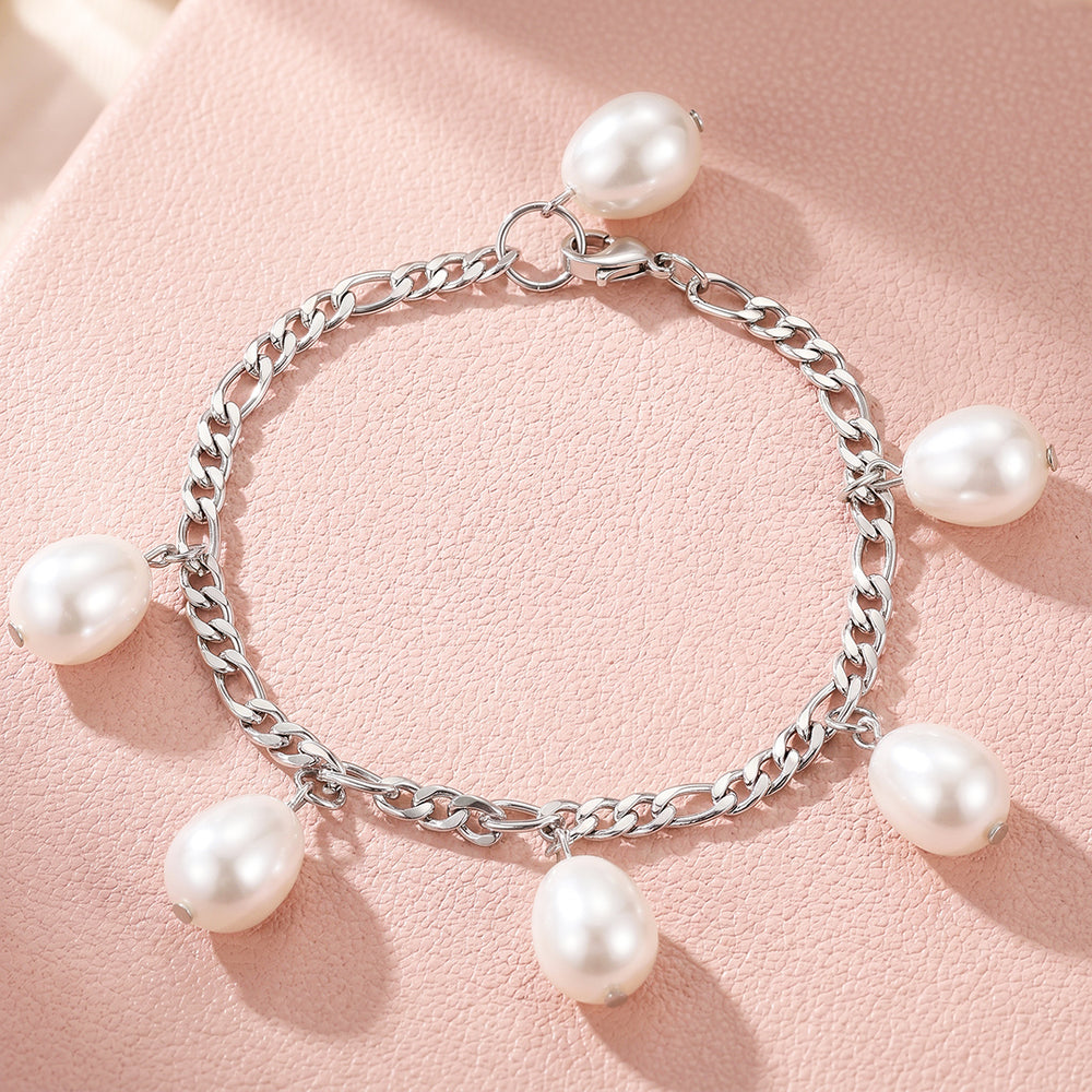Pearl Drop Figaro Chain Bracelet | Luxe6722