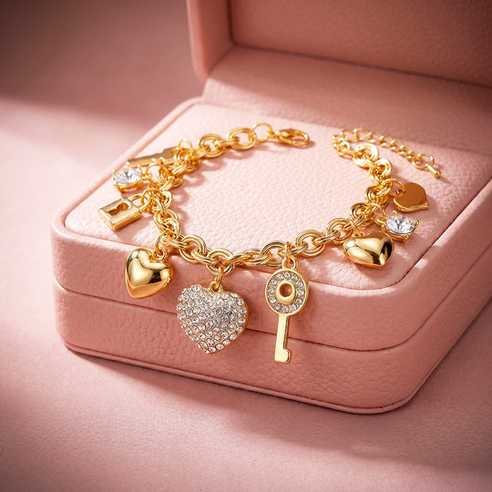 Heart &amp; Key Charm Bracelet | Diamond Simulant | Luxe6723