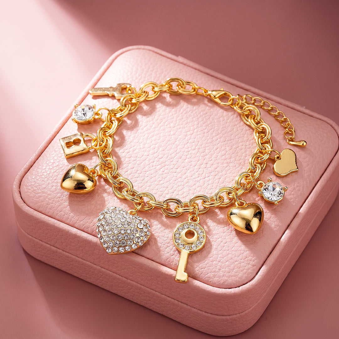 Heart &amp; Key Charm Bracelet | Diamond Simulant | Luxe6723