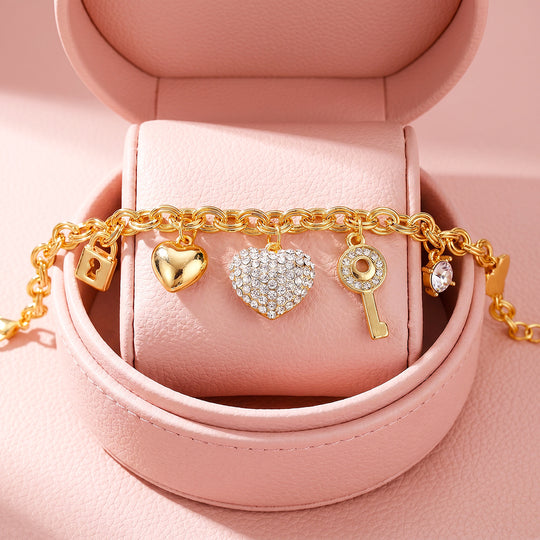 Heart &amp; Key Charm Bracelet | Diamond Simulant | Luxe6723