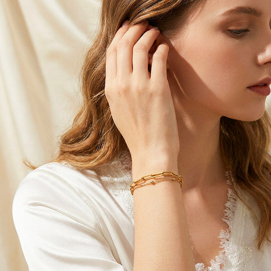 Layered Paperclip and Beaded Chain Bracelet | Women&