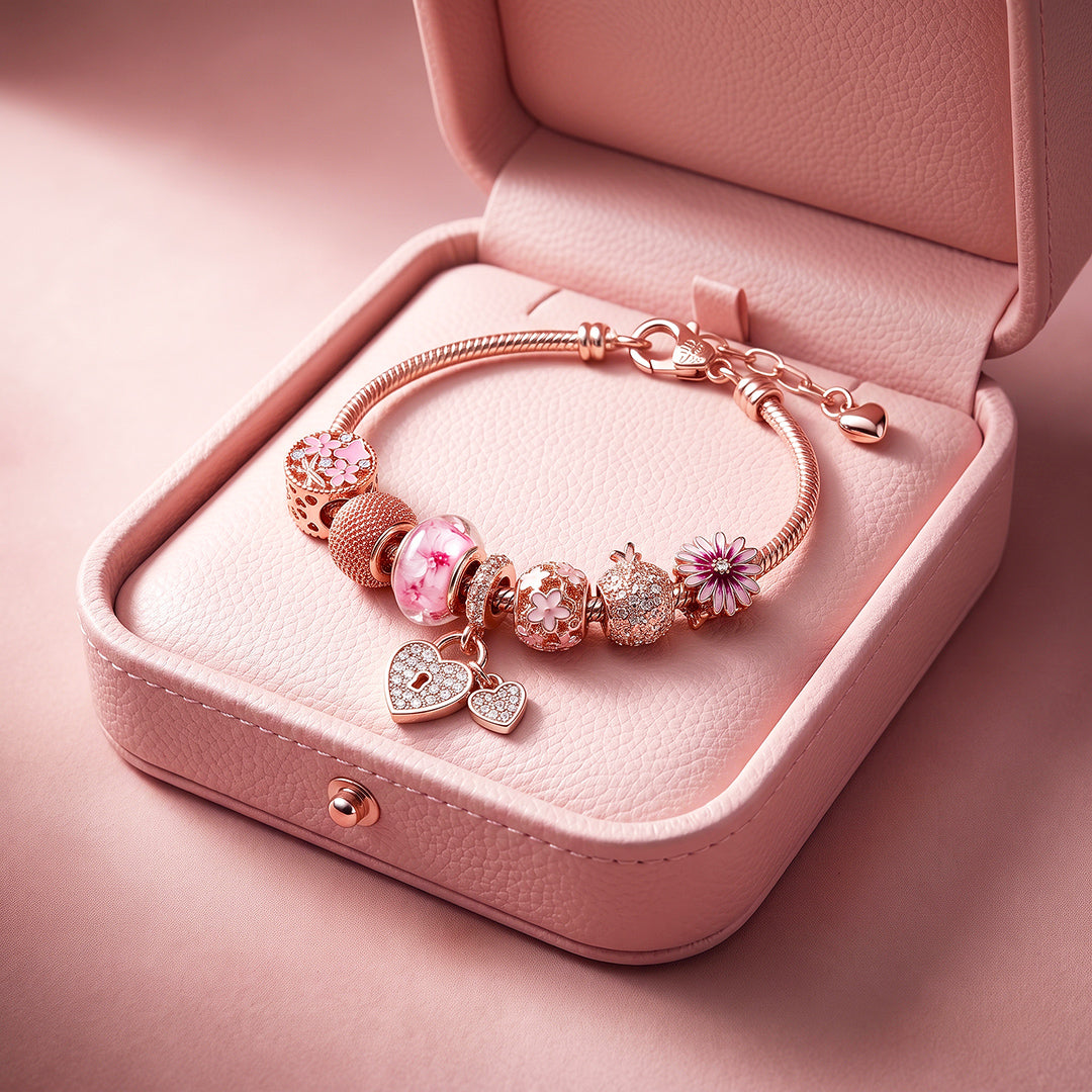 Rose Gold Floral Lock Charm Bracelet | Luxe6777