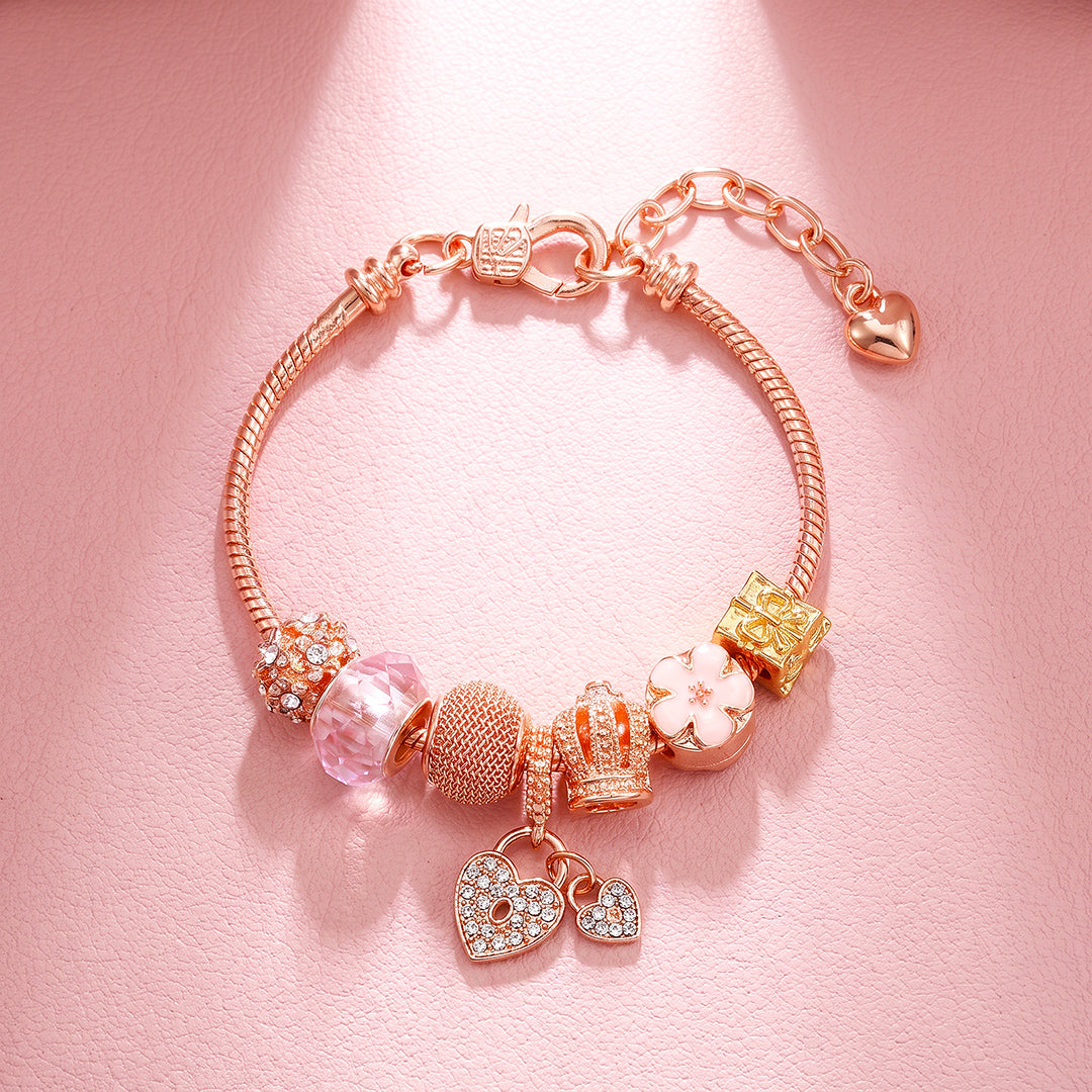 Rose Gold Crown Lock Charm Bracelet | Luxe6783