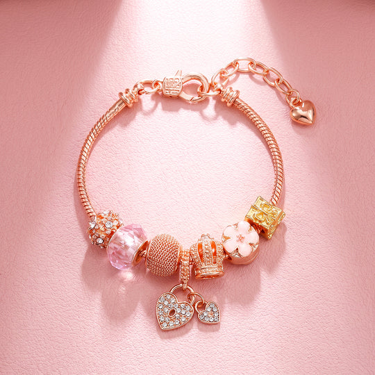 Rose Gold Crown Lock Charm Bracelet | Luxe6783