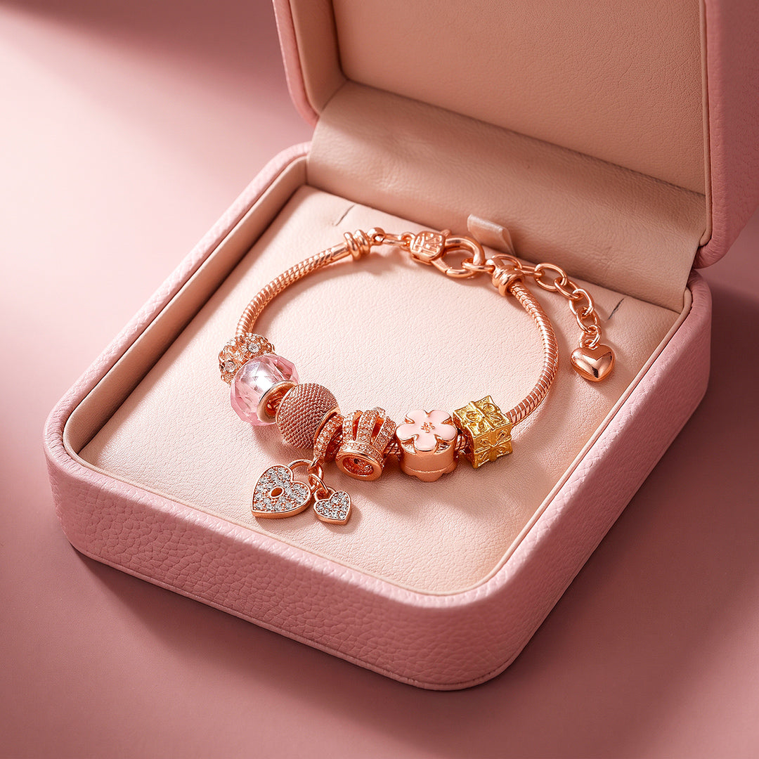Rose Gold Crown Lock Charm Bracelet | Luxe6783