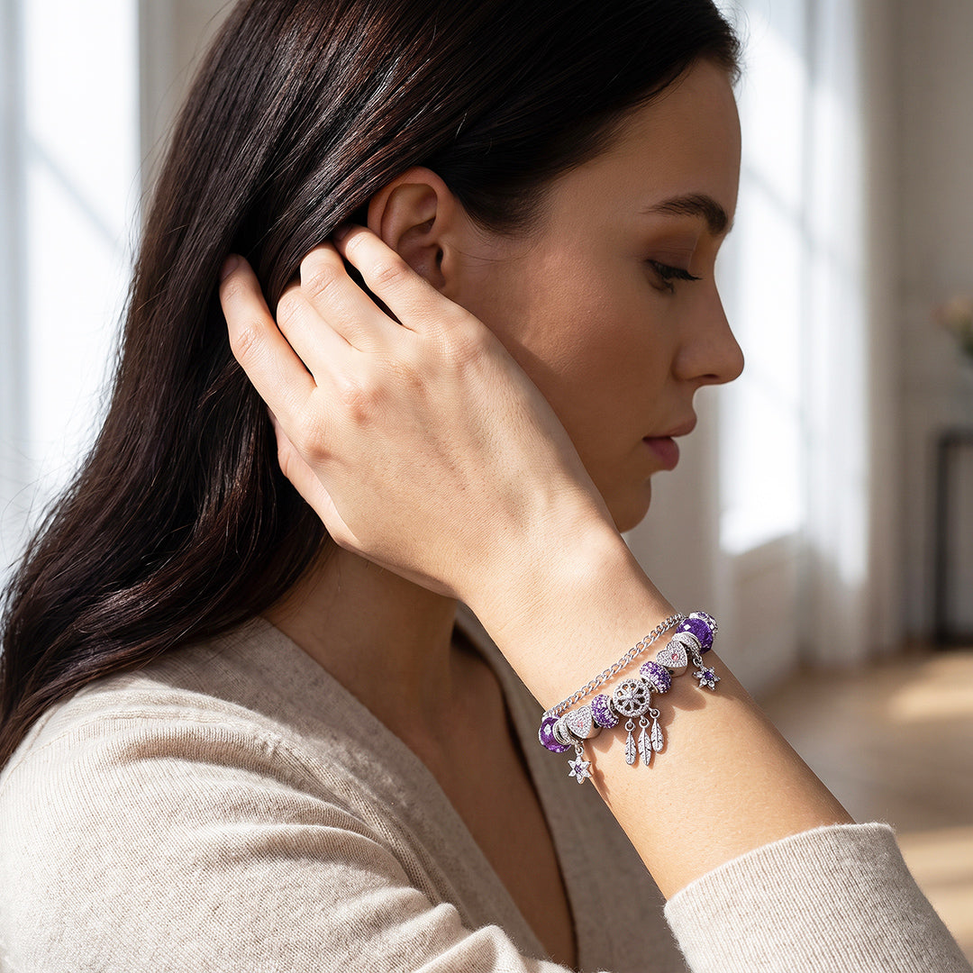 Purple Heart &amp; Feather Charm Bracelet | Luxe6787