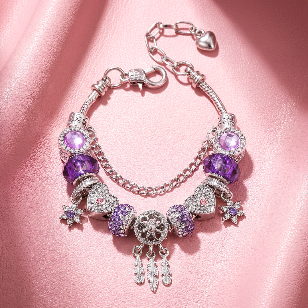 Purple Heart &amp; Feather Charm Bracelet | Luxe6787