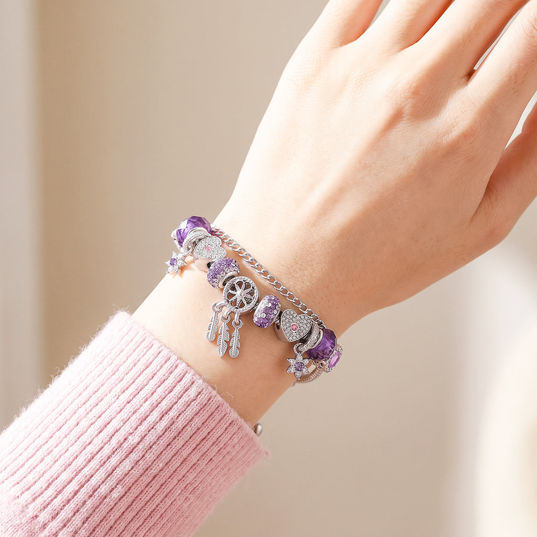 Purple Heart &amp; Feather Charm Bracelet | Luxe6787