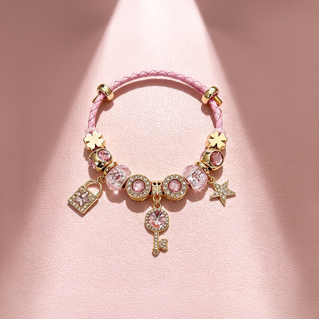 Enchanted Key and Lock Woven Leather Charm Bracelet | Women&