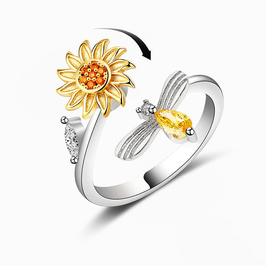 Luxe9162 Rotating Sunflower & Bee Adjustable Ring - Tiara.com.sg Singapore Jewelry & Bags