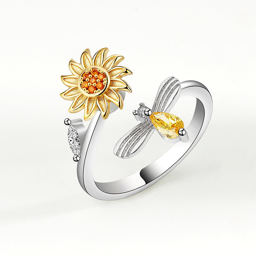 Luxe9162 Rotating Sunflower & Bee Adjustable Ring - Tiara.com.sg Singapore Jewelry & Bags