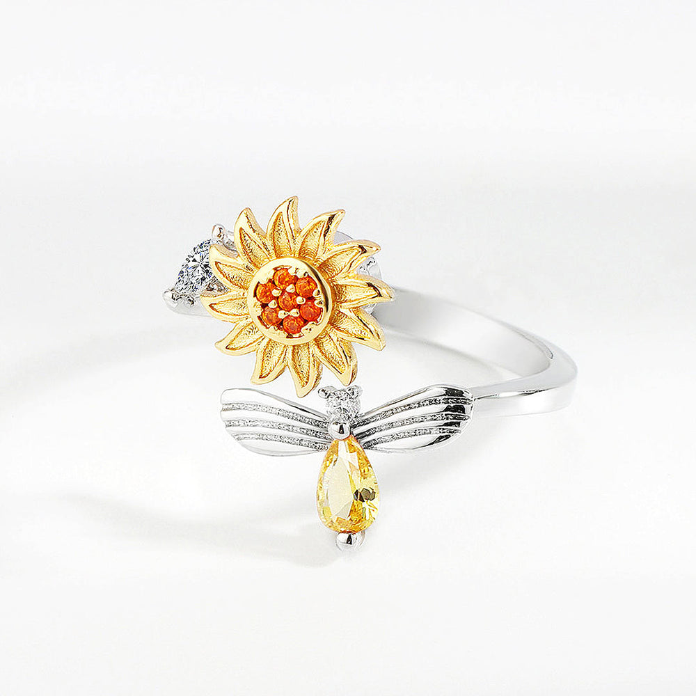 Luxe9162 Rotating Sunflower & Bee Adjustable Ring - Tiara.com.sg Singapore Jewelry & Bags