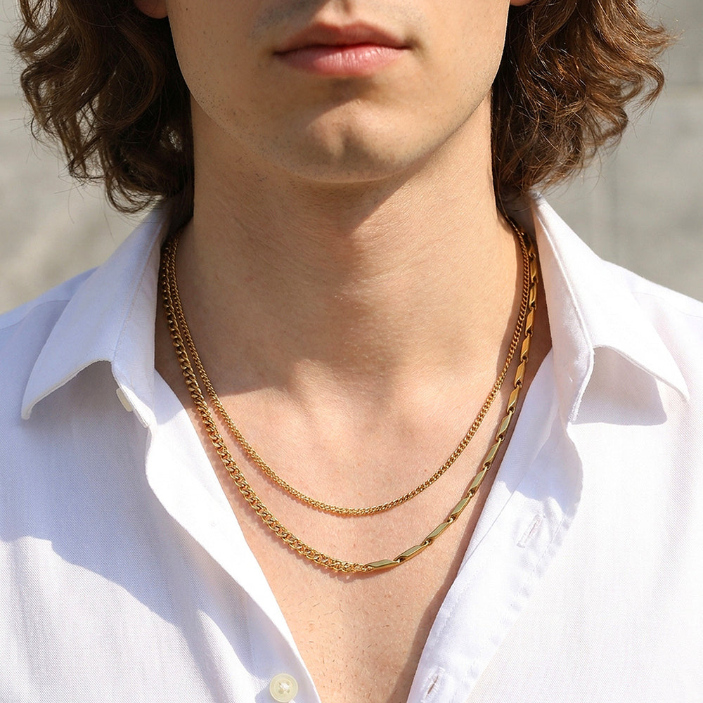 Layered Bar & Cuban Link | Men's Necklace Set | MN1081