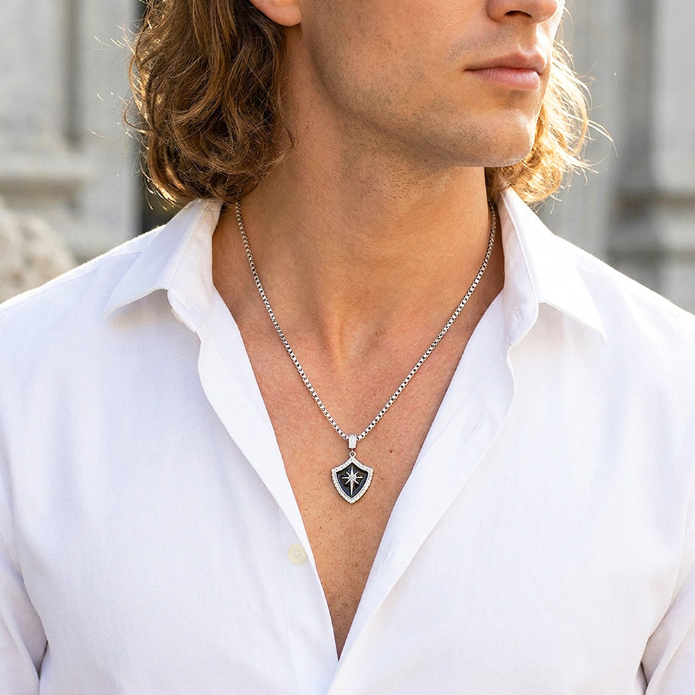 Black Enamel Star Shield Pendant | Men's Necklace | MN1096