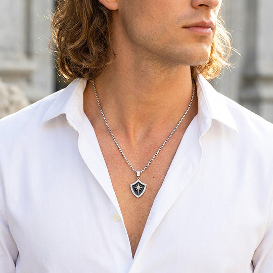 Black Enamel Star Shield Pendant | Men&