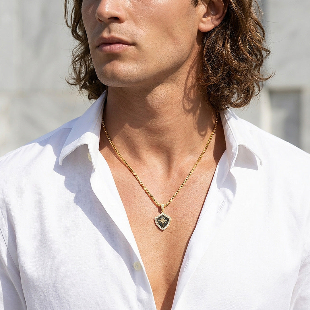Black Enamel Star Shield Pendant | Men&