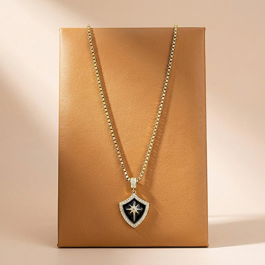 Black Enamel Star Shield Pendant | Men&