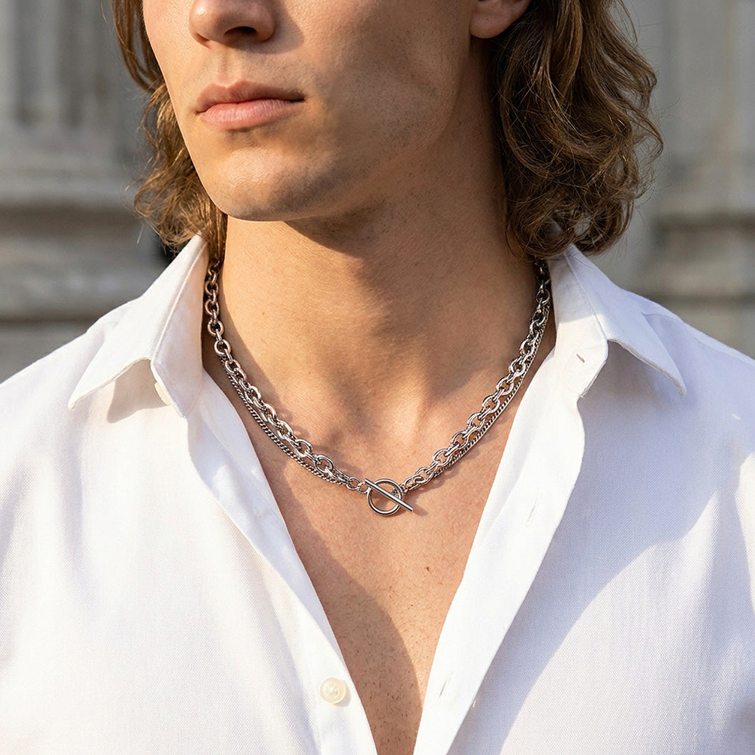 Layered Cable &amp; Curb Chain Toggle Necklace | Men&