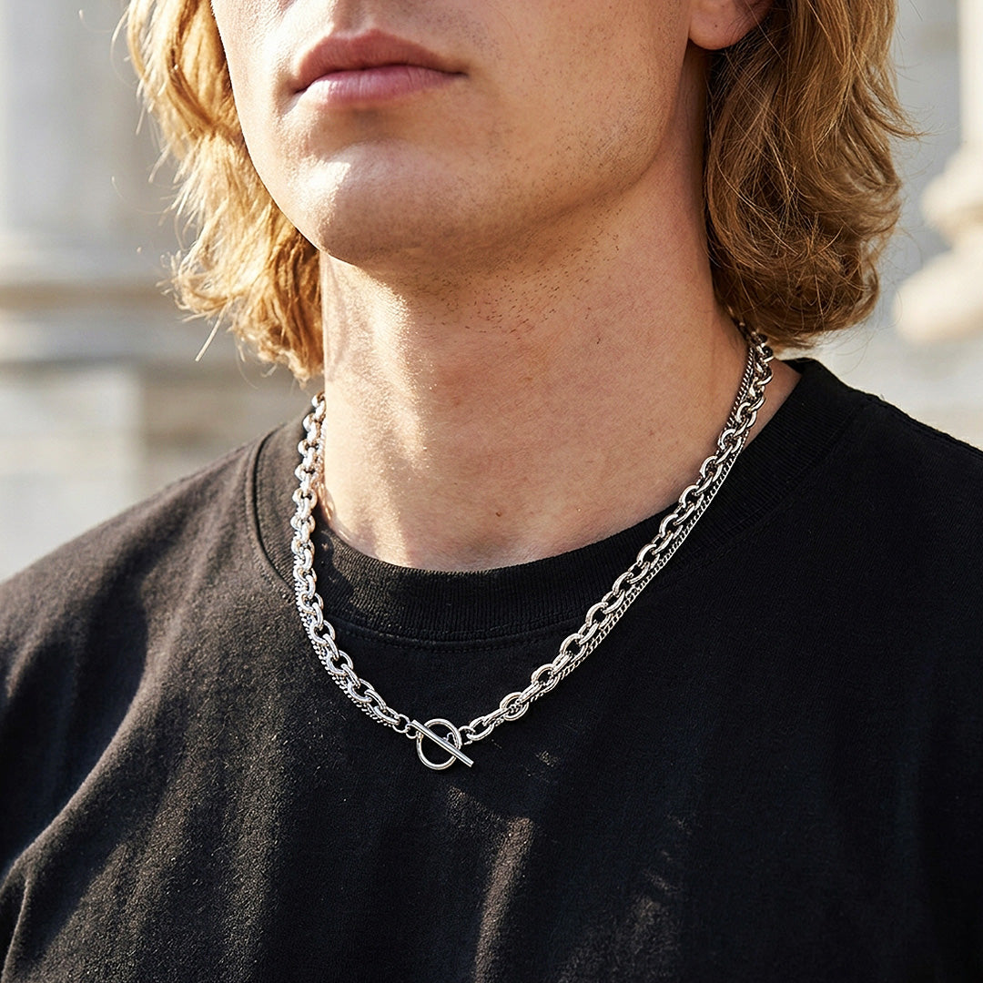 Layered Cable &amp; Curb Chain Toggle Necklace | Men&