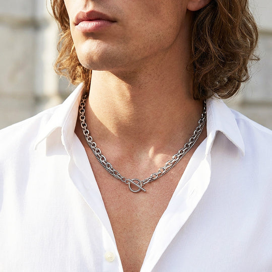 Layered Cable &amp; Curb Chain Toggle Necklace | Men&