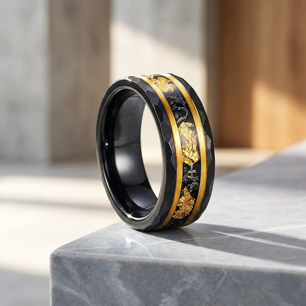 Molten Aurum Hammered Gold Foil Inlay Black Tungsten Carbide Ring