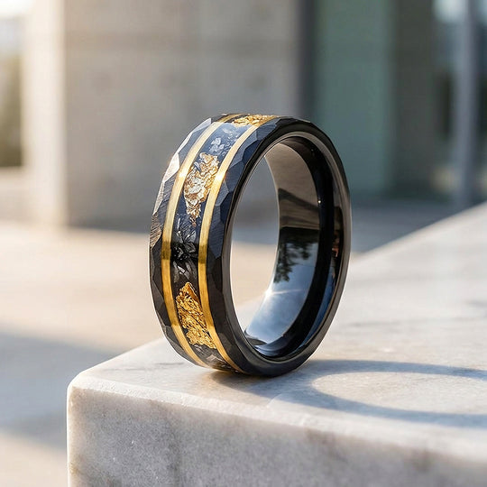 Molten Aurum Hammered Gold Foil Inlay Black Tungsten Carbide Ring