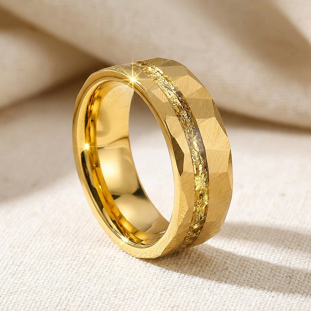 Molten Gold Hammered Gold Foil Inlay Tungsten Carbide Ring - Ring | Singapore Jewellery, Wedding Rings &amp; Gifts | Same Day Delivery | Tiara.com.sg