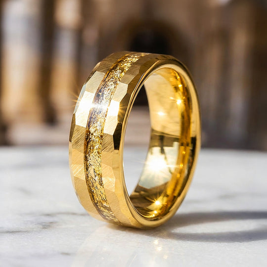 Molten Gold Hammered Gold Foil Inlay Tungsten Carbide Ring - Ring | Singapore Jewellery, Wedding Rings &amp; Gifts | Same Day Delivery | Tiara.com.sg