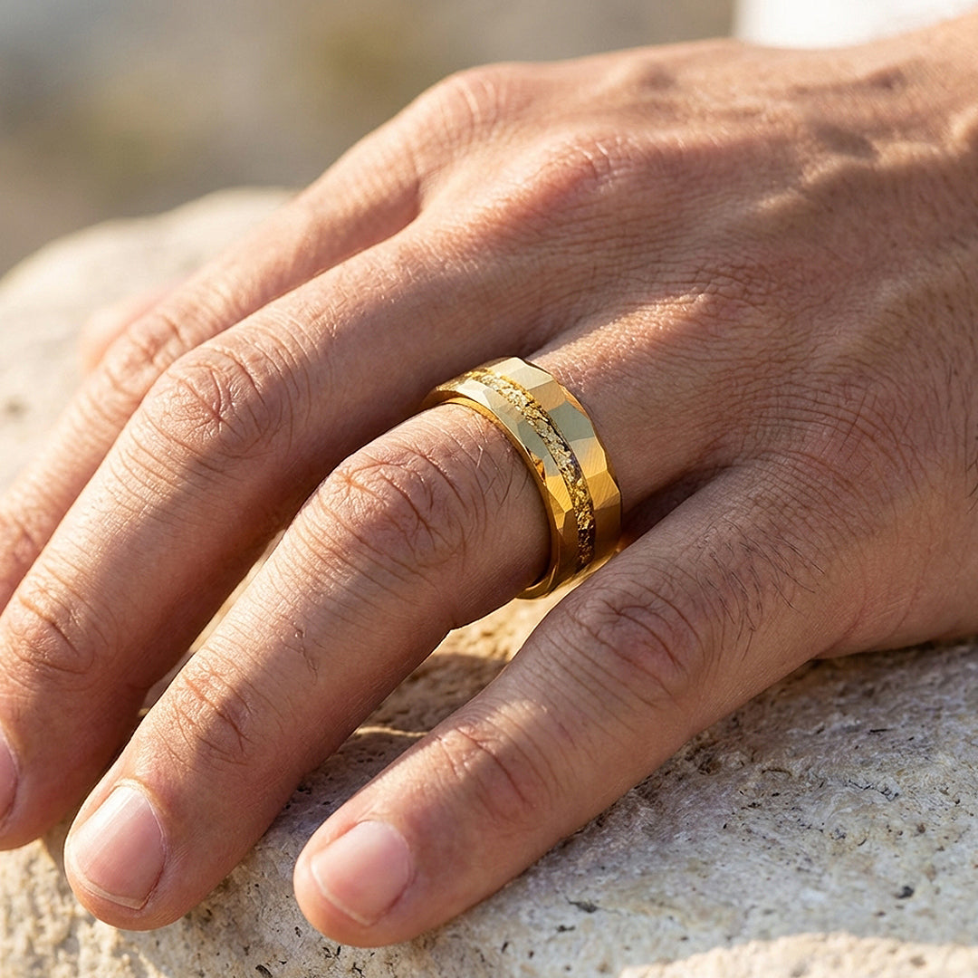 Molten Gold Hammered Gold Foil Inlay Tungsten Carbide Ring - Ring | Singapore Jewellery, Wedding Rings &amp; Gifts | Same Day Delivery | Tiara.com.sg