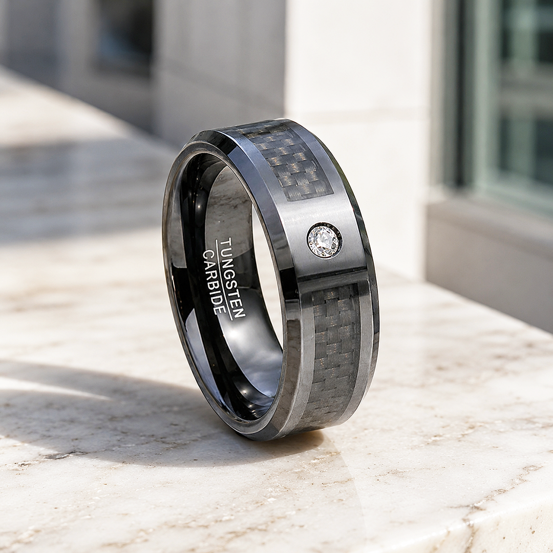 Musk | Black Carbon Fibre Diamond Simulant Tungsten Carbide Ring (Last)