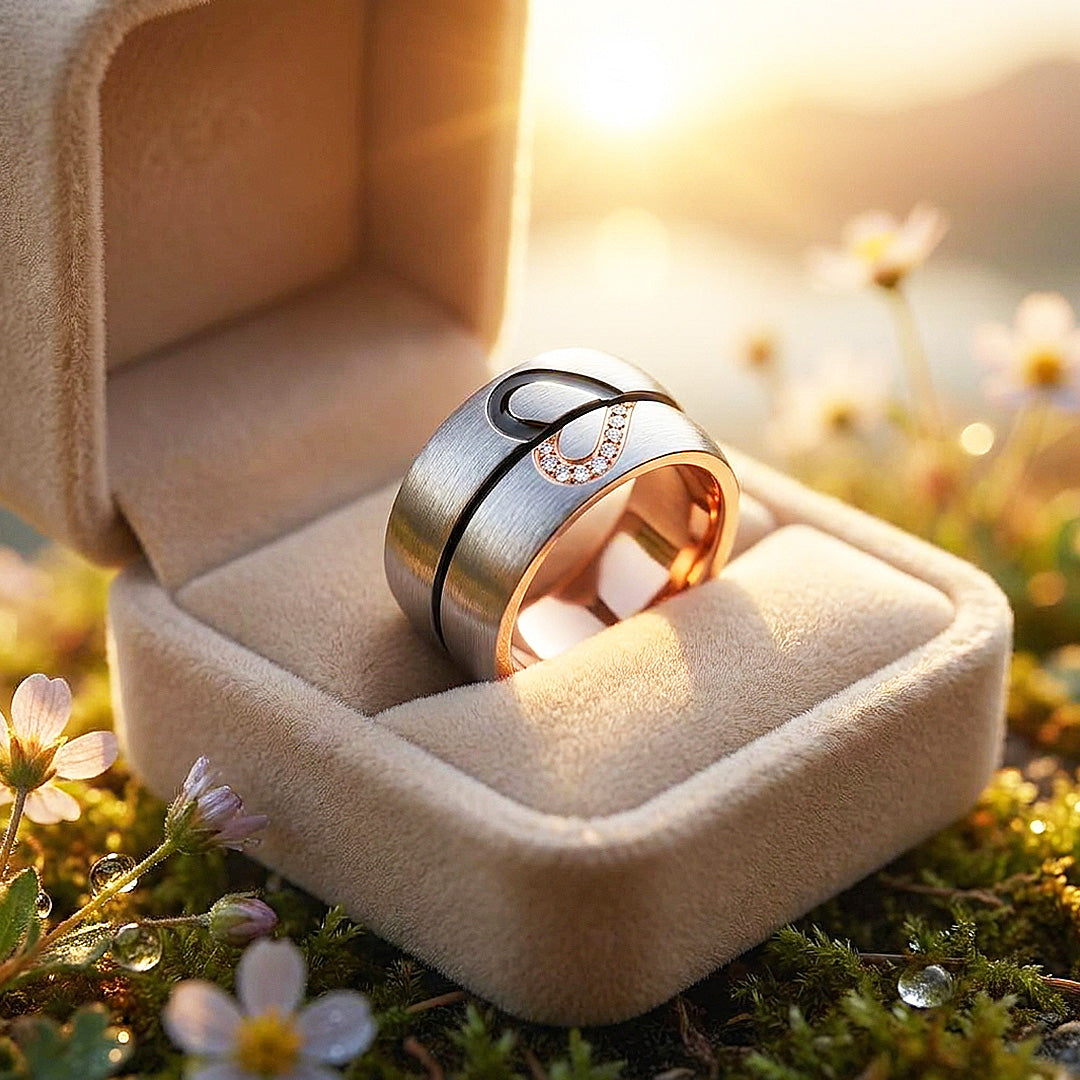 One Heart | Brushed Interlocking Half-Heart Dome Wedding Band