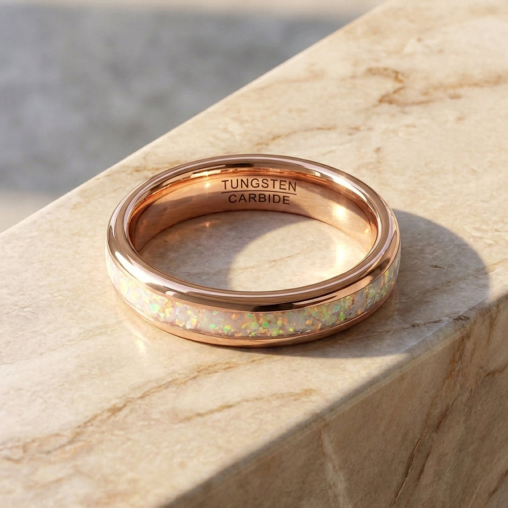 Opaline Rose Polished White Opal Inlay Rose Gold Tungsten Carbide Ring