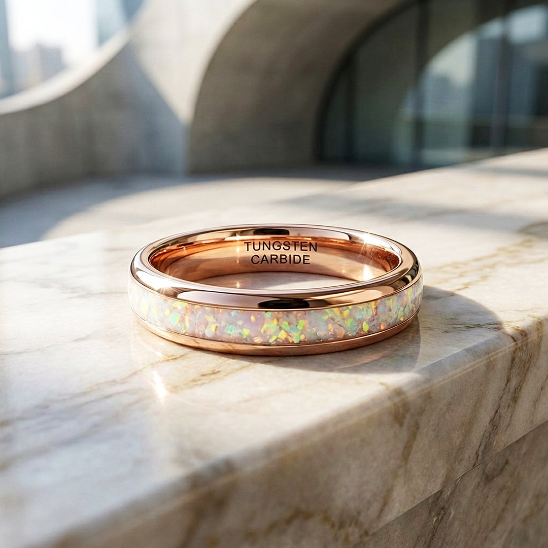 Opaline Rose Polished White Opal Inlay Rose Gold Tungsten Carbide Ring