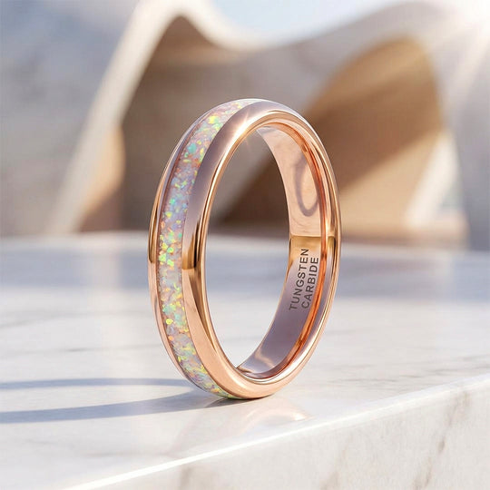 Opaline Rose Polished White Opal Inlay Rose Gold Tungsten Carbide Ring